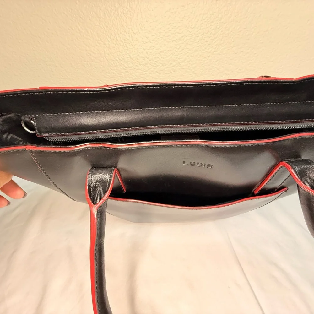 Lodis Black Red Edging Genuine Leather Large Tablet Tote Bag RFID & Cosmetic Bag